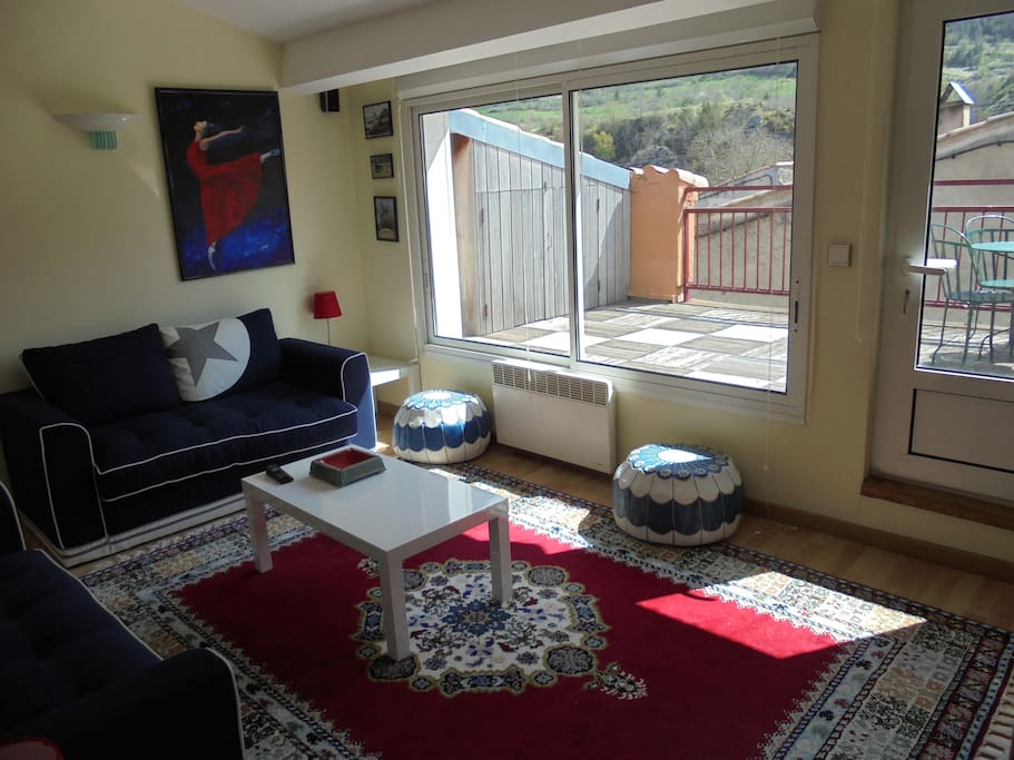 petit salon avec télé donnant sur terrasse avec vue panoramique montagne