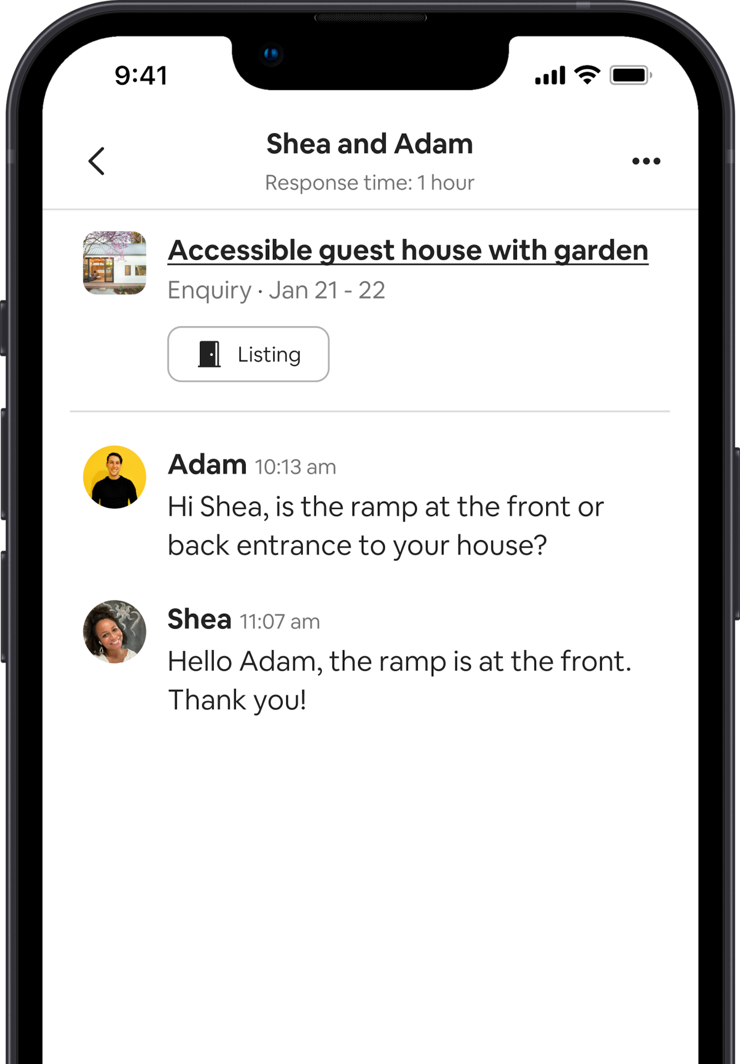 A mobile phone displays messages between the Host who describes their listing as accessible and a guest who wants to know more about the space. The guest’s message reads: 'Hi Shea, is the ramp at the front or back entrance to your house?' The Host’s response reads: 'Hello Adam, the ramp is at the front. Thank you!'