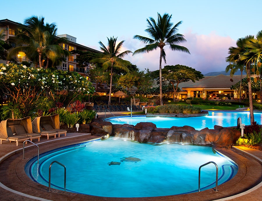A serene pool area is surrounded by lush palm trees and tropical plants. Soft lighting highlights the tranquil waters of the pool, with a rocky spa area offering a relaxing ambiance. Comfortable lounge chairs are positioned along the edge for leisure and enjoyment.