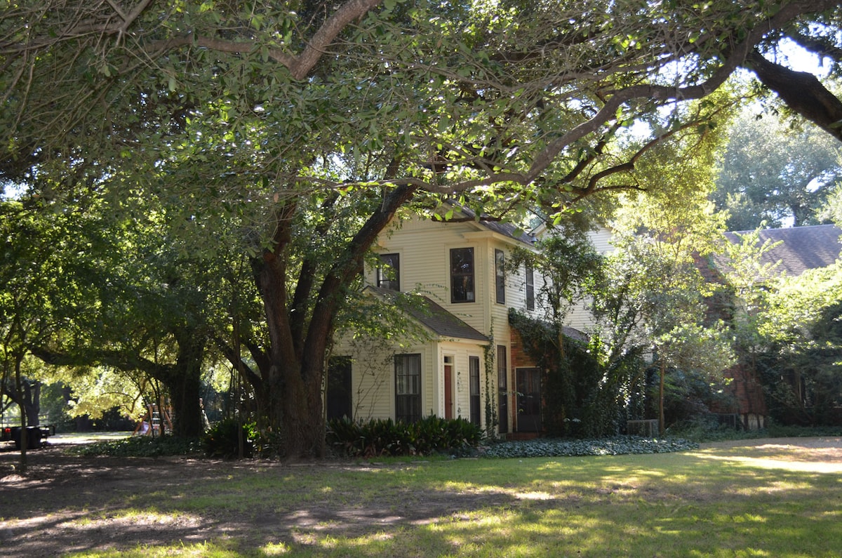 A historic two-story home is nestled beneath large live oak trees, providing ample shade to the grounds. The exterior features a light-colored facade with dark accents, and the surrounding landscape consists of lush greenery and manicured plants, inviting a serene atmosphere.