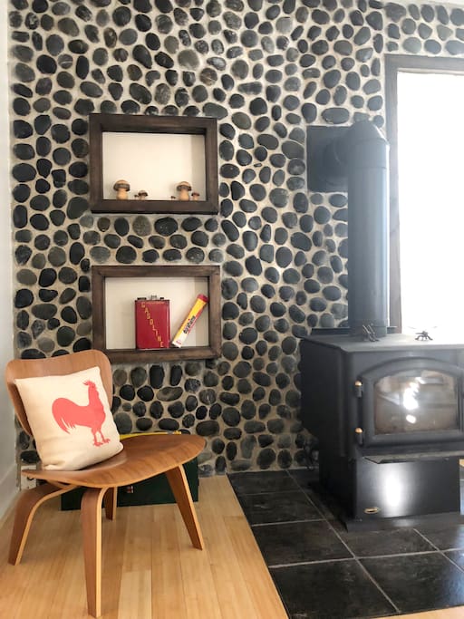 Livingroom with wood burning stove.