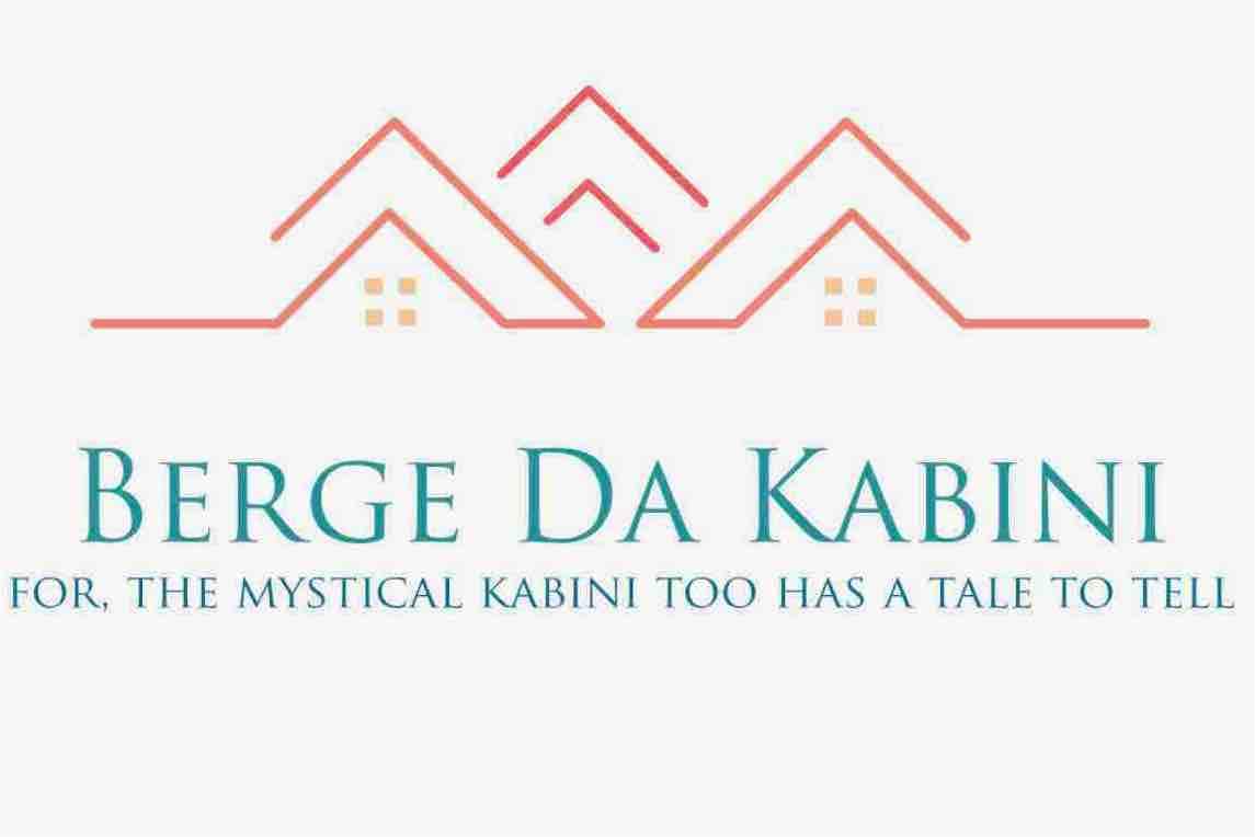 The logo features stylized mountain peaks above two simplistic house outlines. The name 'Berge Da Kabini' is prominently displayed in a clear font, with a tag line emphasizing the storytelling aspect of the Kabini region. Soft colors create a welcoming impression.