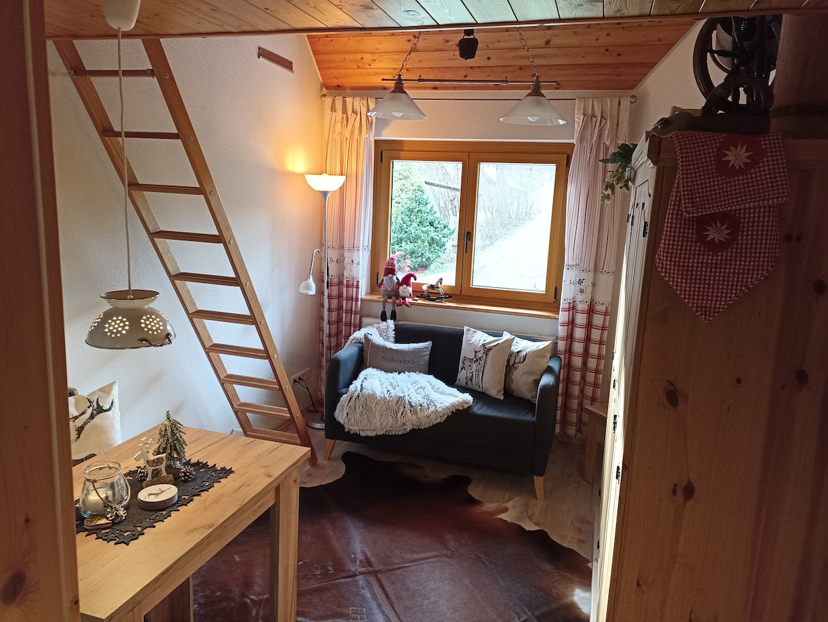 A cozy living space features a comfortable sofa adorned with cushions, a wooden table set for dining, and warm lighting from pendant fixtures. Natural light enters through a large window with soft curtains, and a wooden ladder leads to the elevated sleeping area.