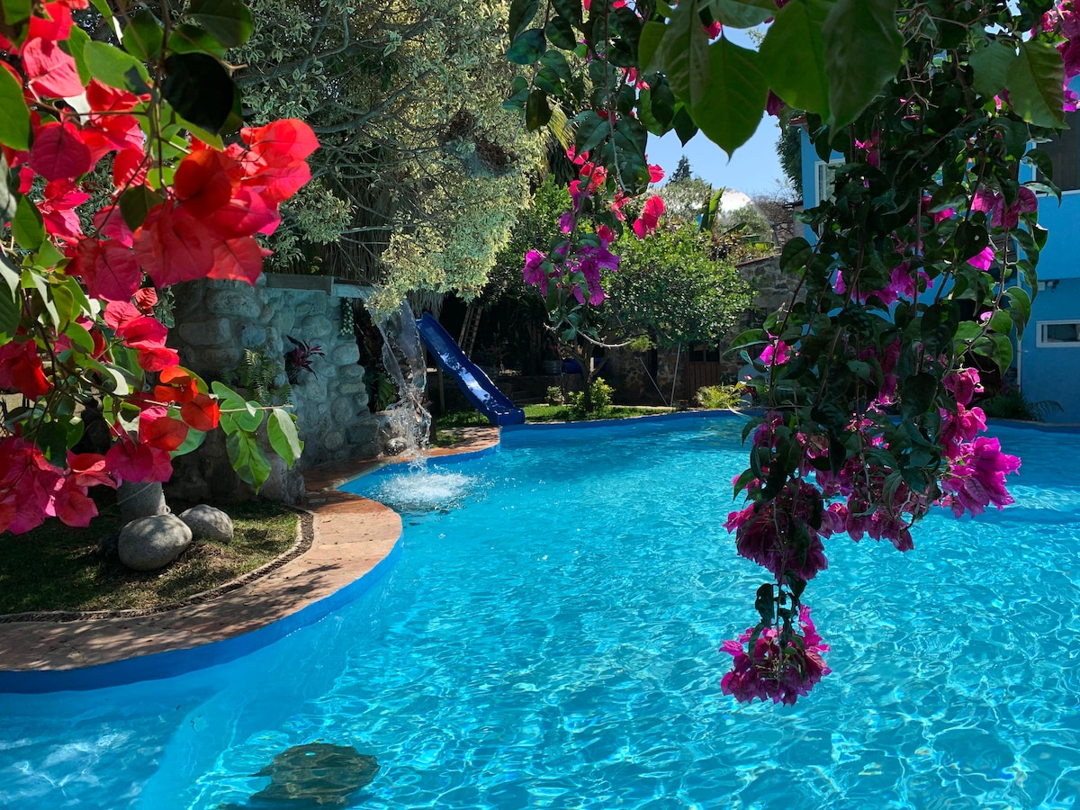 A vibrant pool area is surrounded by lush greenery and colorful bougainvillea. The sparkling blue water reflects sunlight, while a waterslide provides playful access to the pool. A gentle waterfall feature adds a serene ambiance, inviting relaxation in this outdoor oasis.
