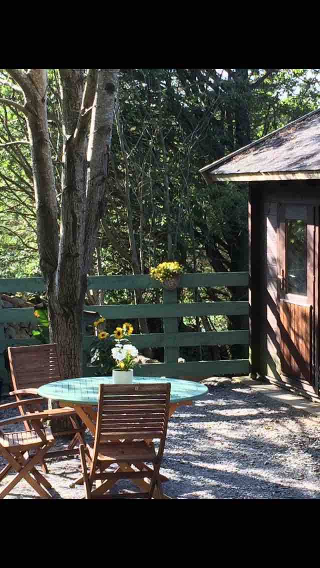 An outdoor seating area is featured, consisting of a round table accompanied by two wooden chairs. A small vase with sunflowers is positioned at the center of the table. Surrounding greenery and a wooden fence create a serene backdrop, enhancing the tranquil setting.