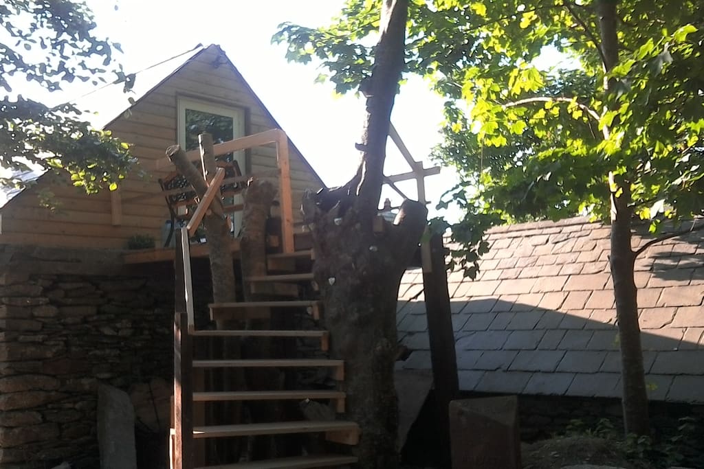 Rustic spiral staircase up to the loft.