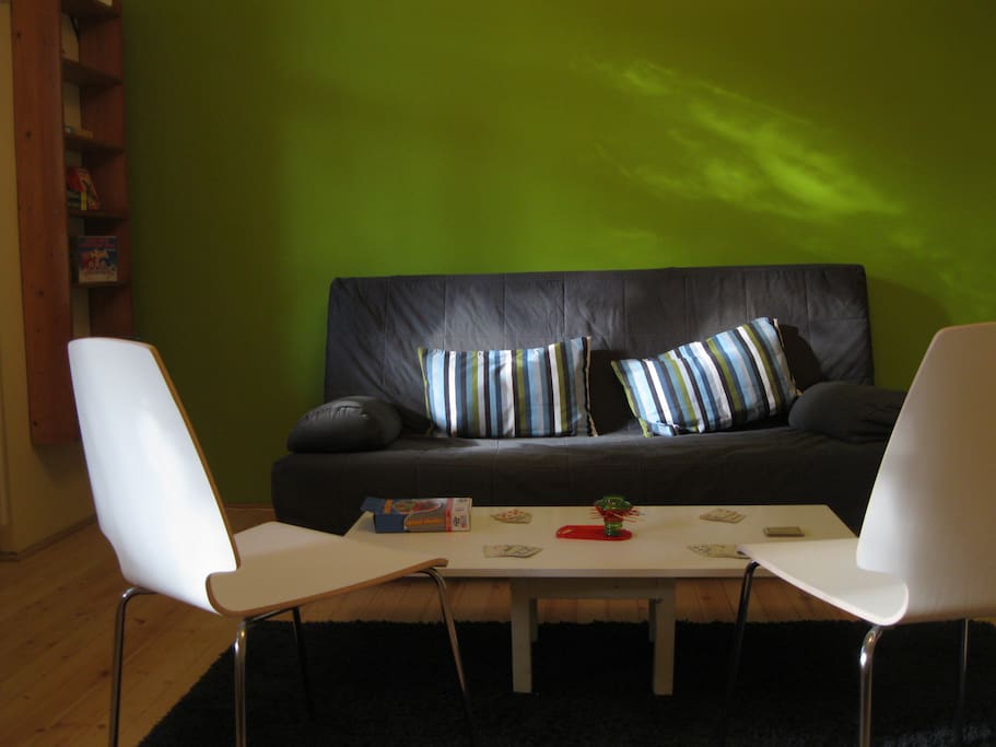 Green room: sofa bed for 2 people, shelves with boardgames and games for children :)