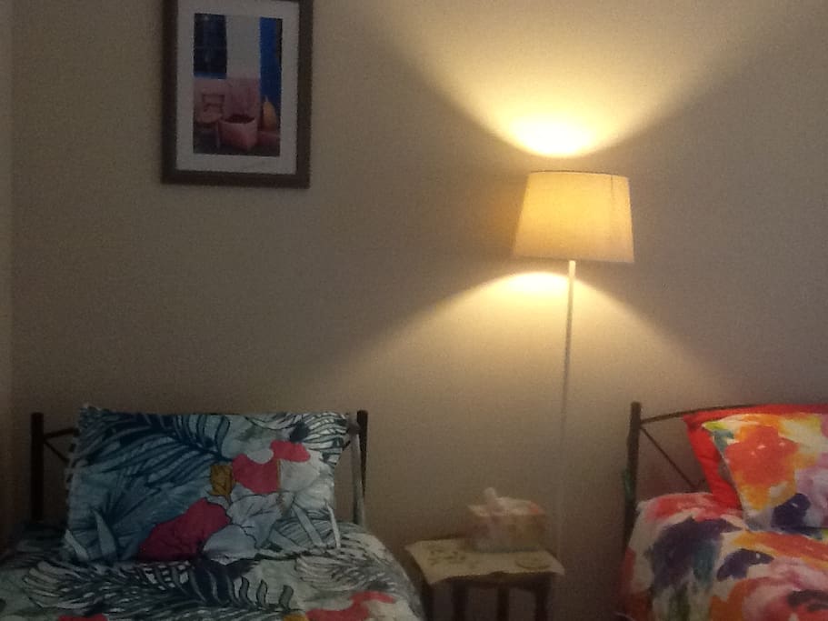 A view of the bedroom with two comfy single beds.
