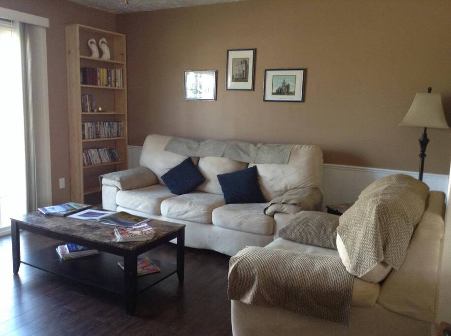 Living room view to front patio doors