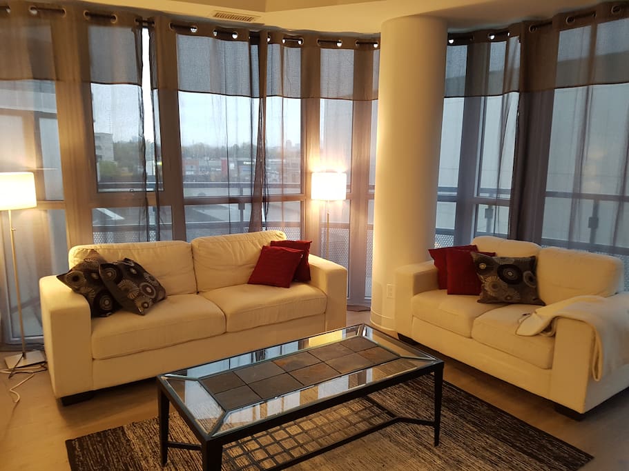 Inviting Living Room Area Overlooking Shops At Don Mills