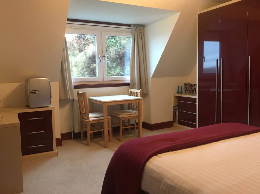 The room has a mini fridge as well as a kettle and toaster.