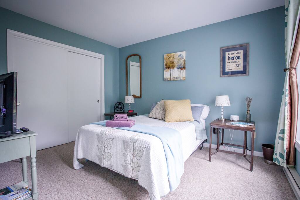 Bedroom featuring blackout curtains, TV and plenty of closet space.