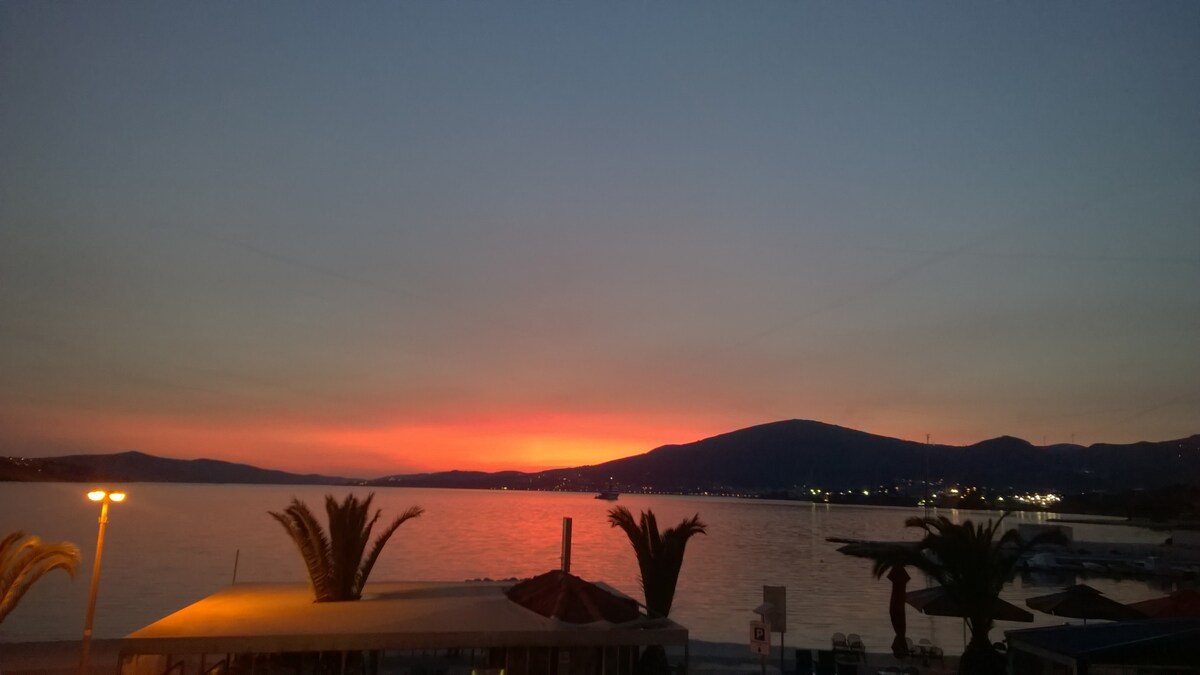 A serene sunset over the water is captured, featuring warm hues of orange and pink blending into the evening sky. Silhouetted palm trees frame the scene, while distant hills and twinkling lights along the shore complete the tranquil coastal view.