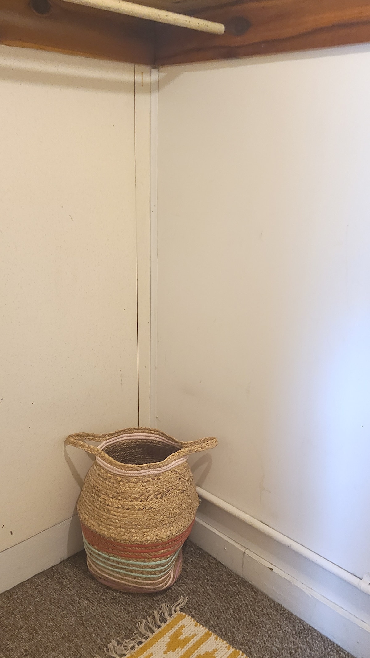 A corner of a closet is depicted, featuring a woven basket placed on the floor. The walls are white, and a wooden beam is visible at the top. The floor is covered with a neutral carpet, complementing the simple design.