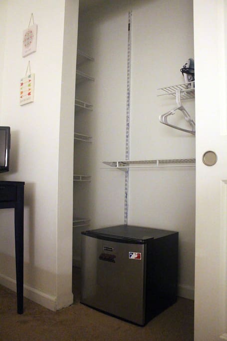 Large double door closet with mini fridge.