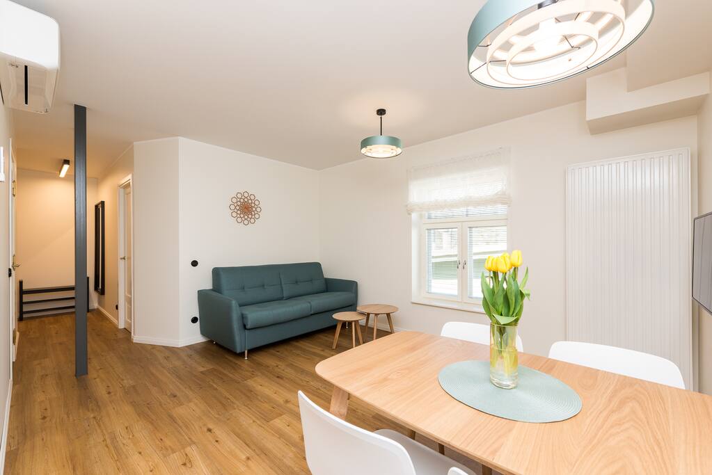 Living area with sofa bed (with comfortable matress inside)