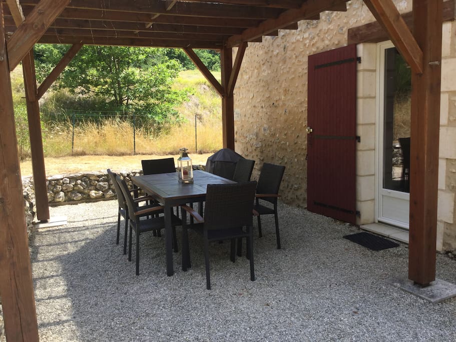 Shaded terrace area for dining al fresco, or just relaxing and enjoying your beverage of choice … Especially after a long tiring day of doing all of the sites! Weber Kettle BBQ. Separate convenient side door for easy access to and from the kitchen.