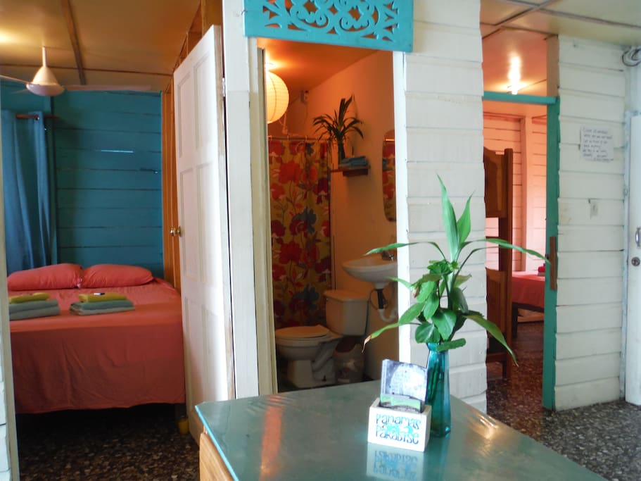 The two bedrooms with the bathroom in between. Seen from the living room.