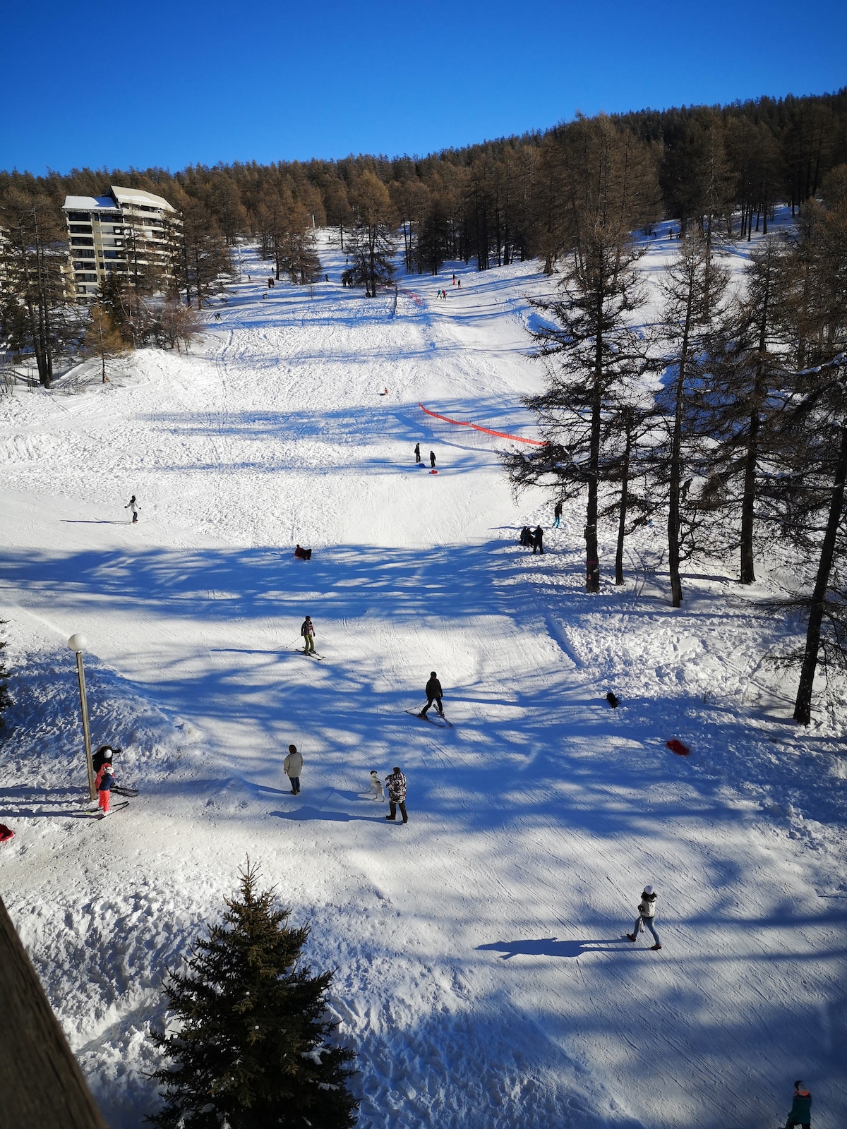 A snow-covered landscape is visible, with several individuals engaging in various winter activities. Trees line the slope, and colorful trails can be seen alongside the skiers. The scene captures a bright blue sky above, creating a vibrant winter atmosphere.