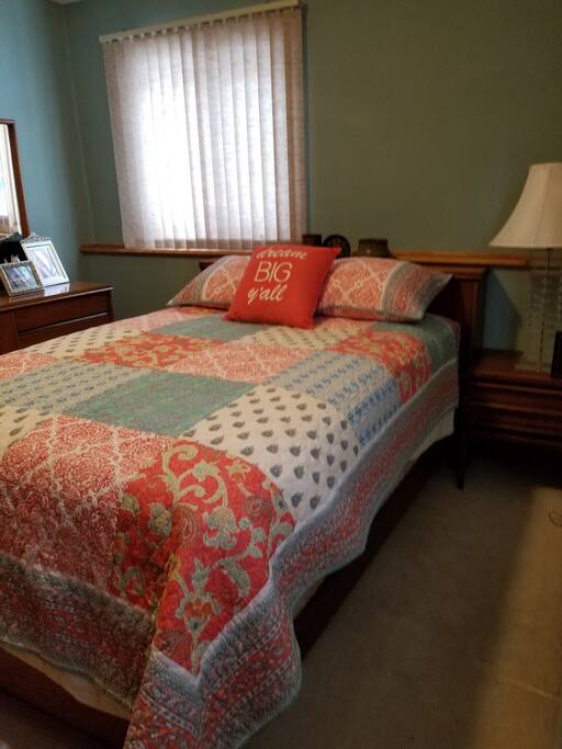 Bedroom with brand new mattress. Chest of drawers , closet and vanity. Two windows for lots of lught