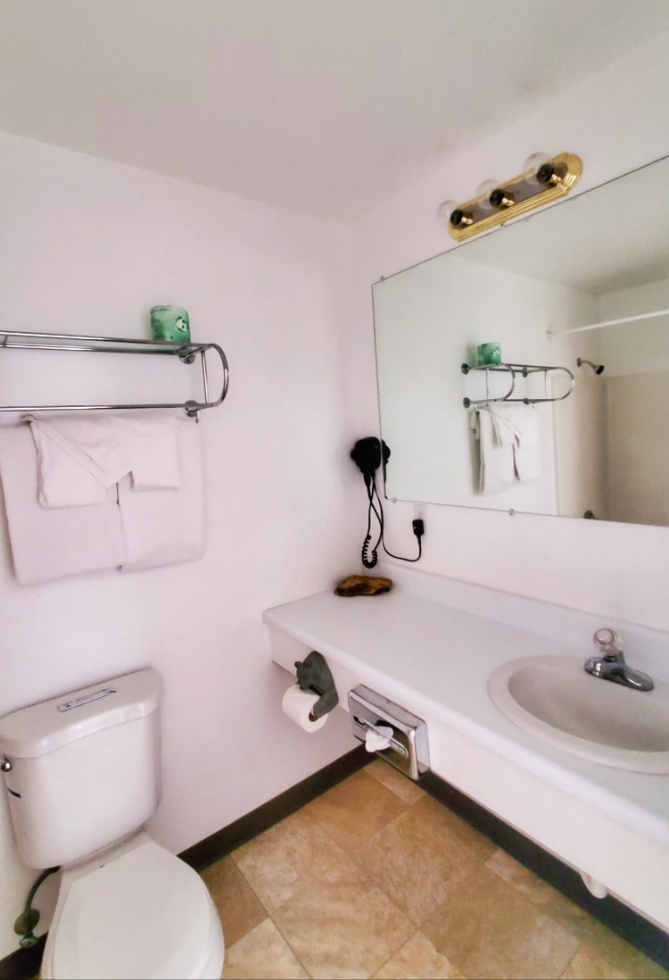 A bright and functional bathroom is shown, featuring a white toilet and a sink with a large mirror above it. Fresh towels are neatly hung on a rack, and a hairdryer is mounted nearby. Light-colored tiles cover the floor for ease of cleaning.