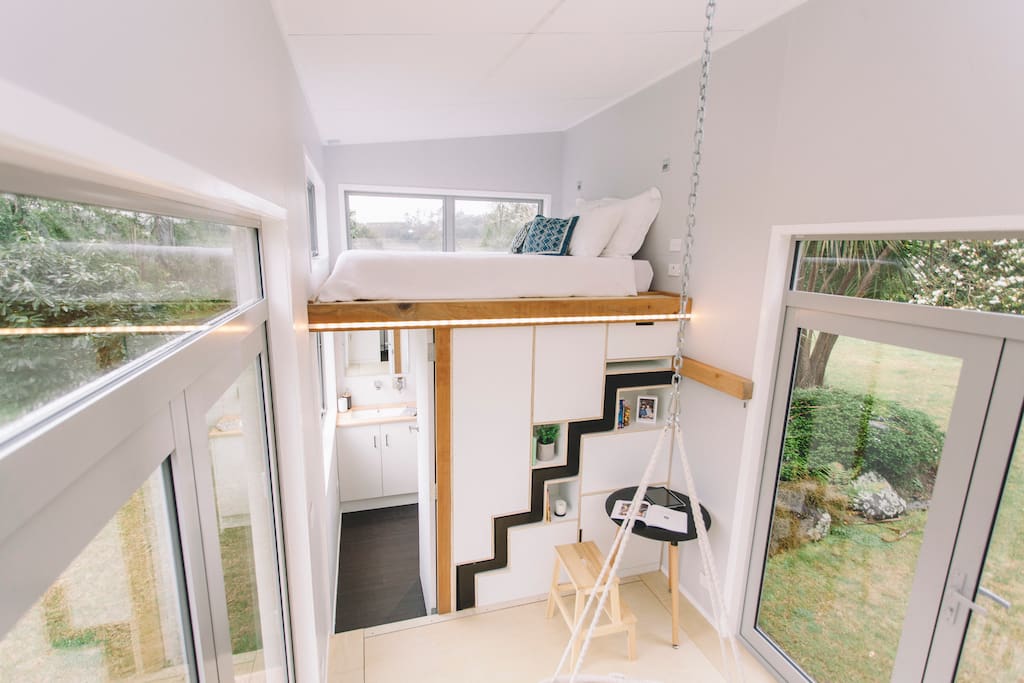 The great room, looking over to the sleeping loft