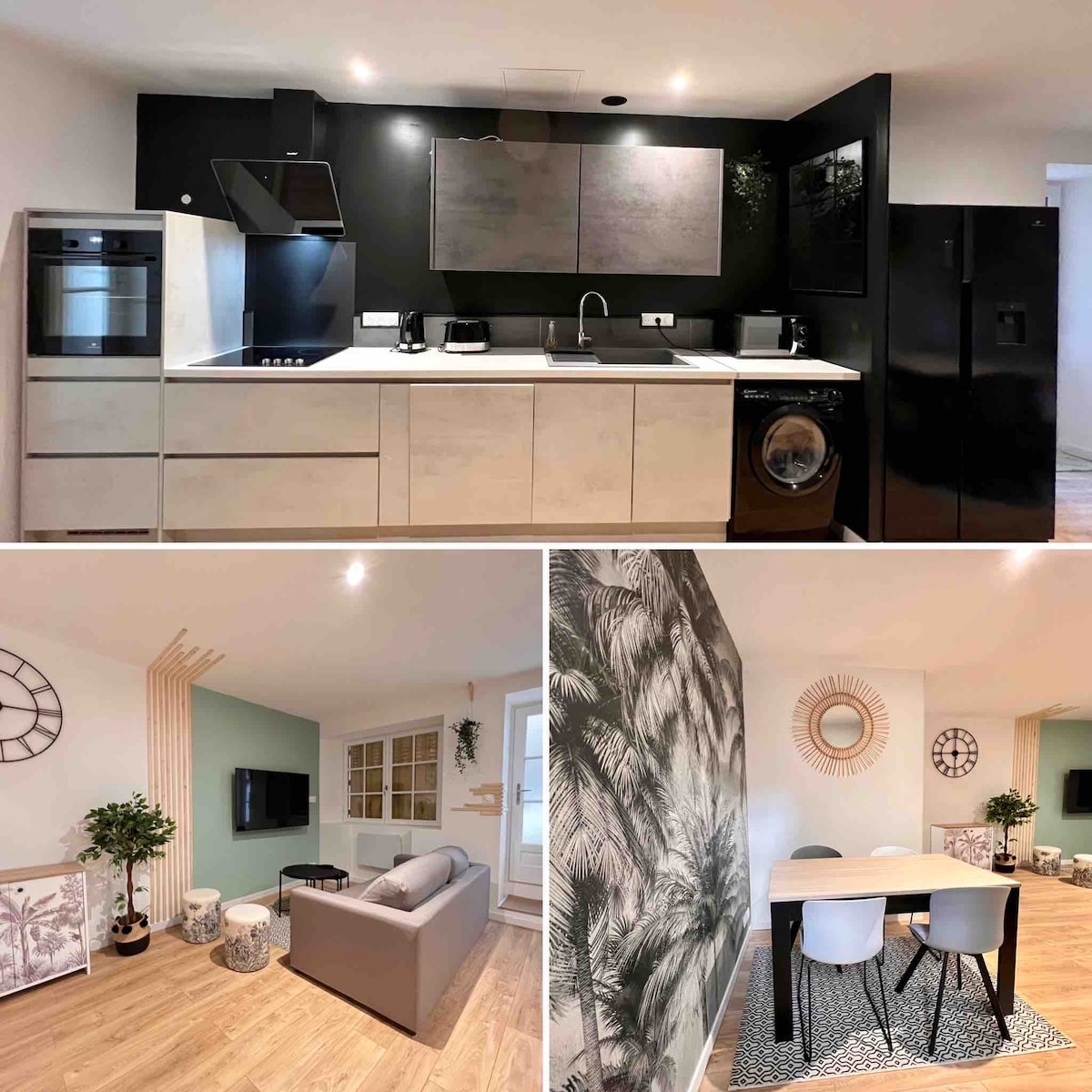 The modern kitchen is equipped with sleek black appliances, including an oven and a washing machine. A comfortable seating area features a light-colored couch and decorative tables, while a stylish dining space with a textured wall provides additional seating options.