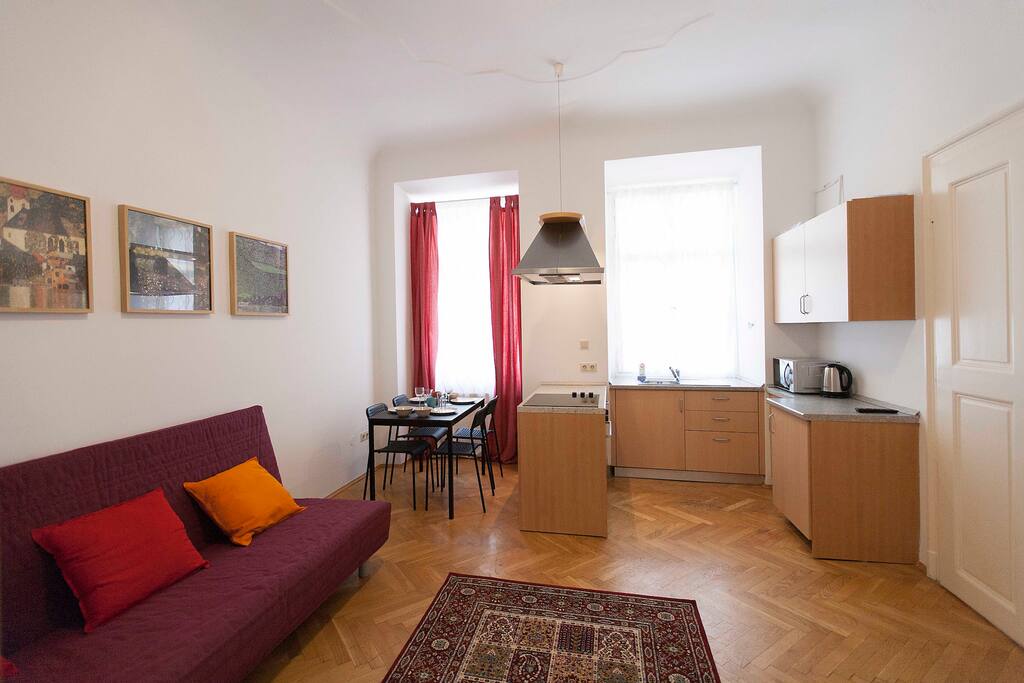 living room in the kitchen and dining area