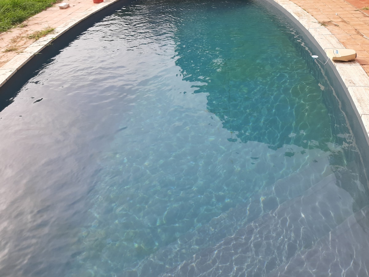 A rectangular swimming pool is visible, featuring clear blue water. The surrounding area includes poolside tiles and patches of grass, reflecting the sunlight. The pool's edge is lined with light-colored stone, adding to the tranquil setting.