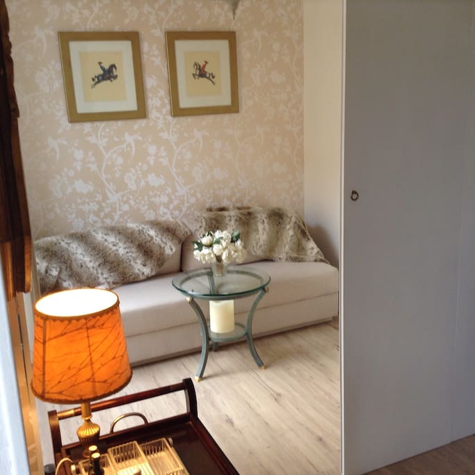 The second bedroom is behind folding doors with a very comfortable sofa bed