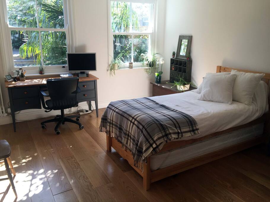 Comfortable bed in a quiet room.