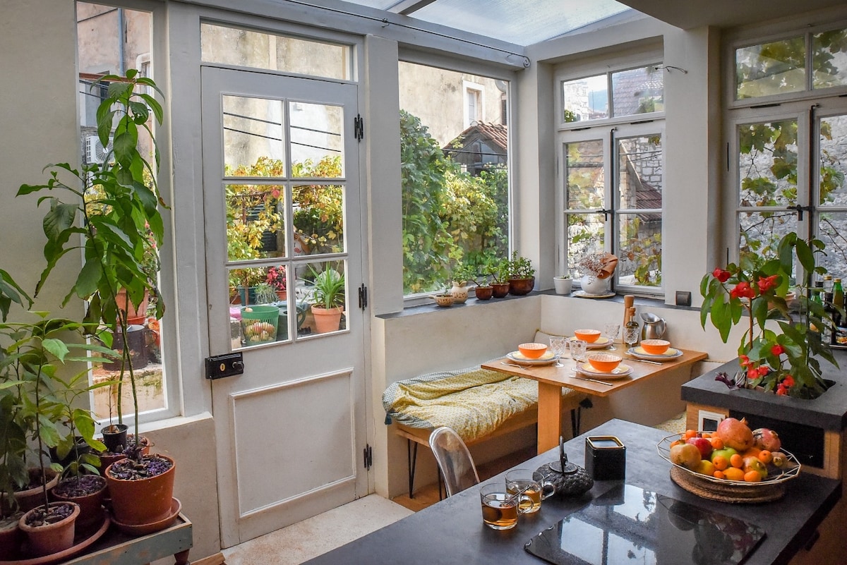 A light-filled kitchen features large windows overlooking a garden. A wooden table is set with plates and glasses, surrounded by potted plants. Sunlight streams through the glass roof, highlighting a cozy sitting area with soft cushions.