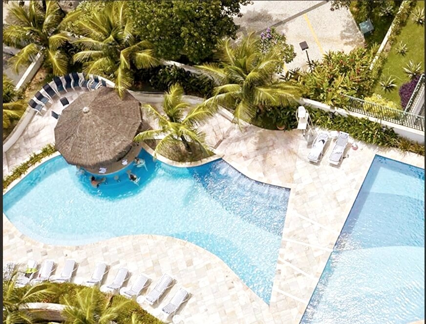 The image captures an aerial view of a pool area featuring two uniquely shaped swimming pools, interspersed with palm trees. A thatched-roof gazebo with seating is situated within the water, and a sunbathing area with loungers is visible nearby.