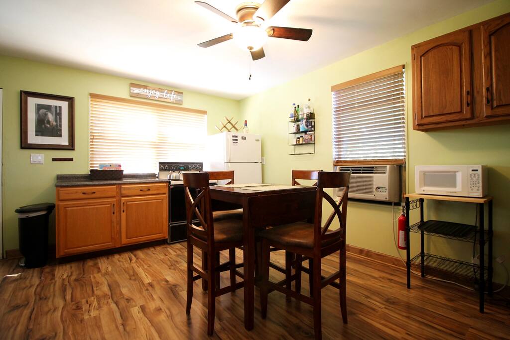 We offer a great kitchen layout for those who want to cook or bring home a meal from a local restaurant.