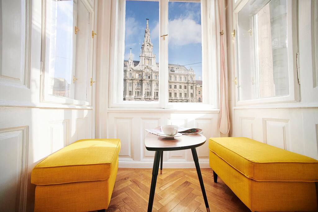 The corner loggia overlooking the New York Cafe will provide with a romantic or just very private space for yourself, full of sun and light.