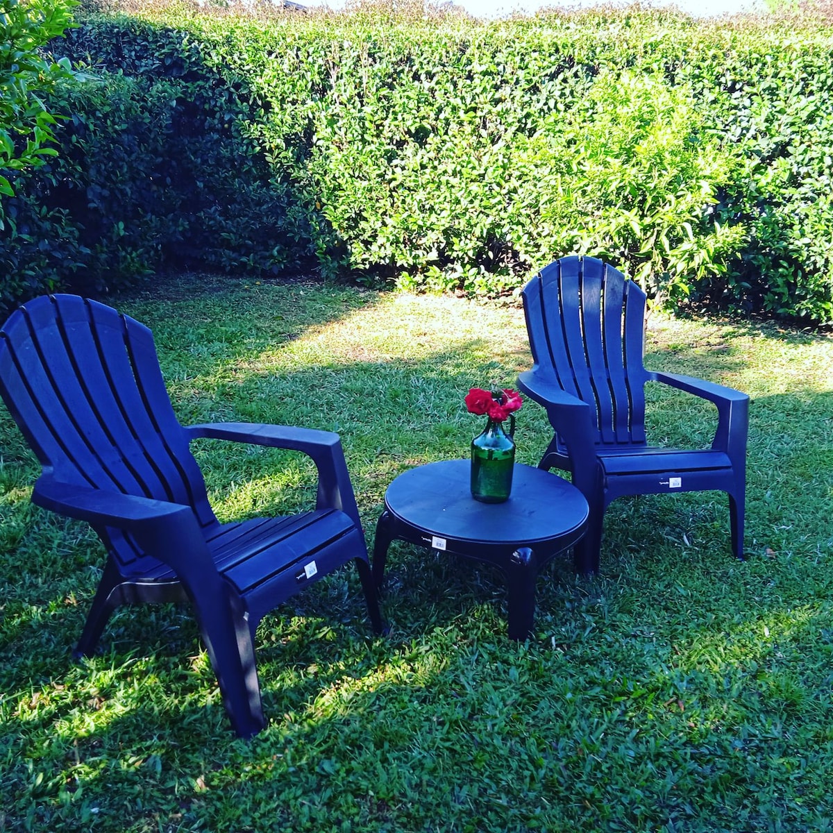 Two black Adirondack chairs are positioned around a small round table in a grassy area, surrounded by lush green shrubbery. A vase with red roses rests on the table, adding a touch of color to the serene outdoor setting.