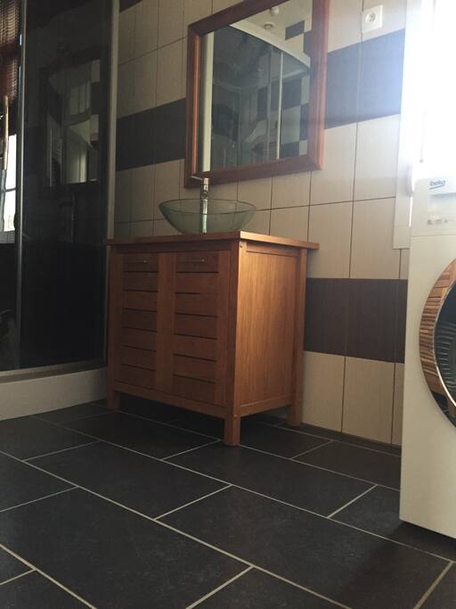 Salle de bain avec douche et un lavabo vasque