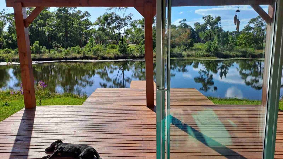 A wooden deck extends over a tranquil, reflective lake surrounded by greenery. A black dog relaxes on the deck, while large glass doors provide a clear view of the serene water and natural landscape.