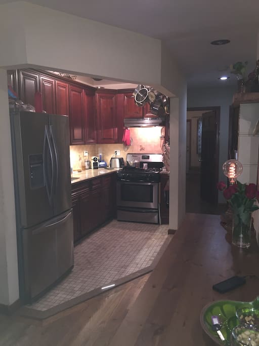 Kitchen with All clad pots, ice maker, gas stove