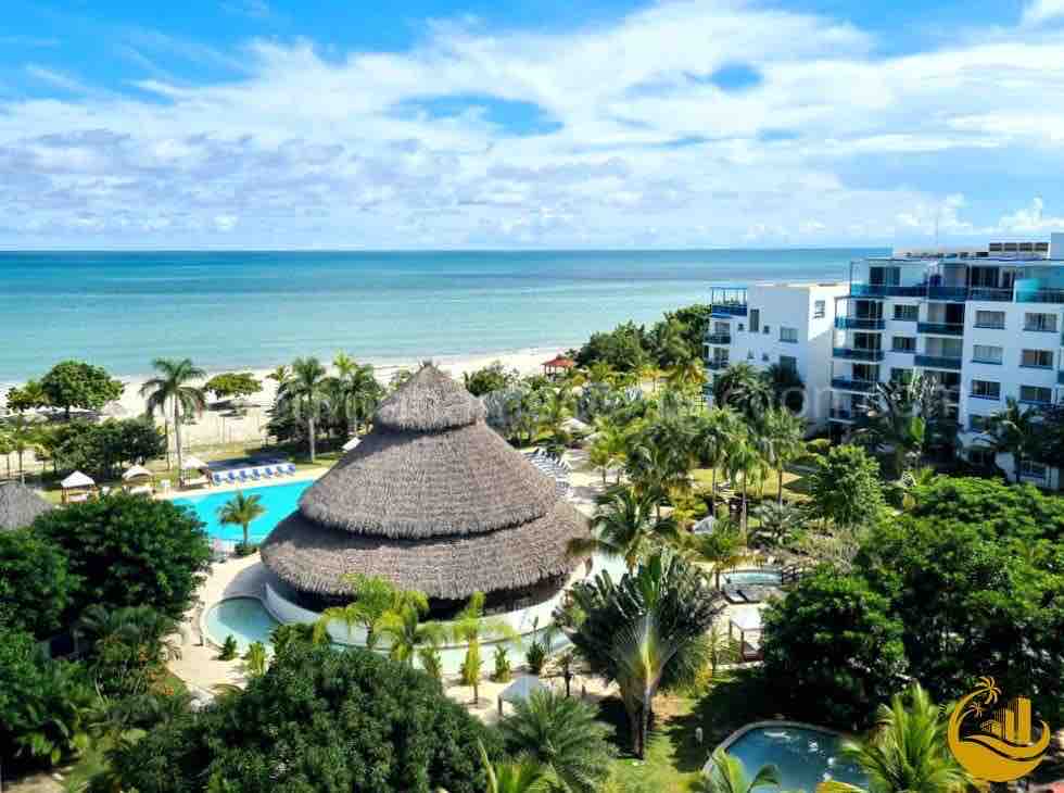 An aerial view captures a resort setting with lush greenery surrounding the pools and a traditional thatched-roof structure. The expansive ocean is visible in the background, with a clear blue sky above. Sun loungers line the pool area, inviting relaxation.