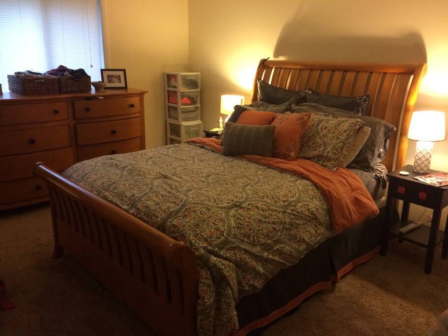 Queen Size Bed with Nightstands and power strip to charge all devices