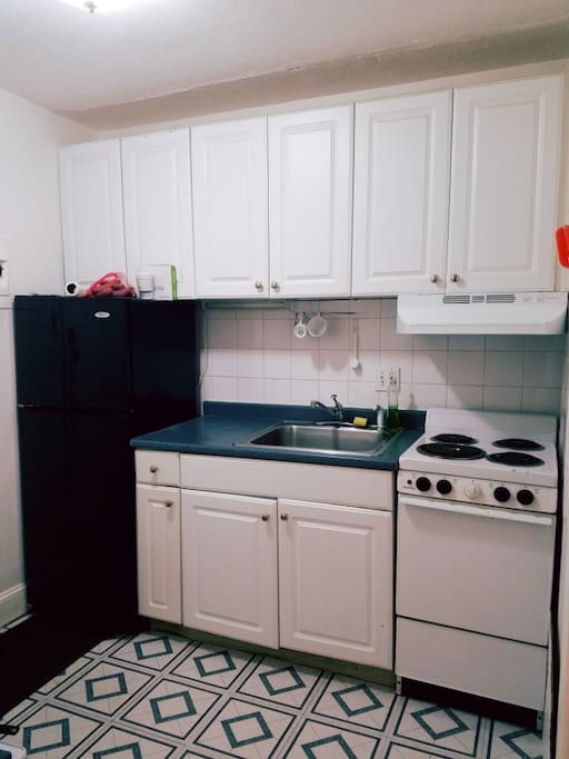 Furnished kitchen (stove, fridge + freezer, pots, pans, utensils, plates etc.)