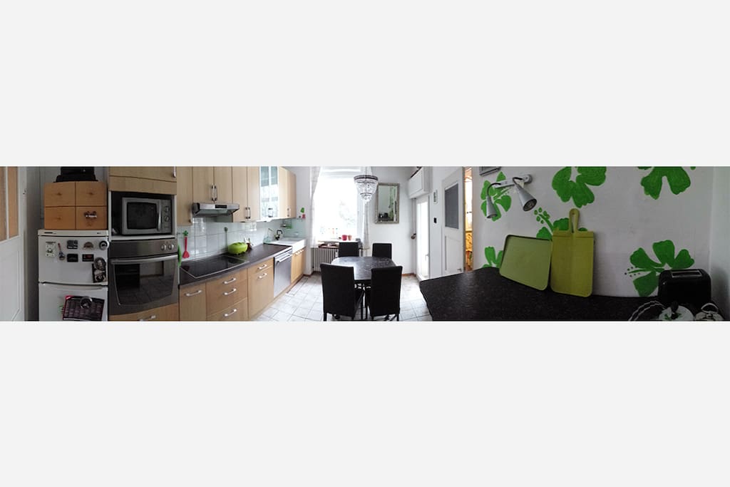 Die gemeinsam genutzte Küche als Panoramafoto. In Wirklichekit ist sie 15 m².