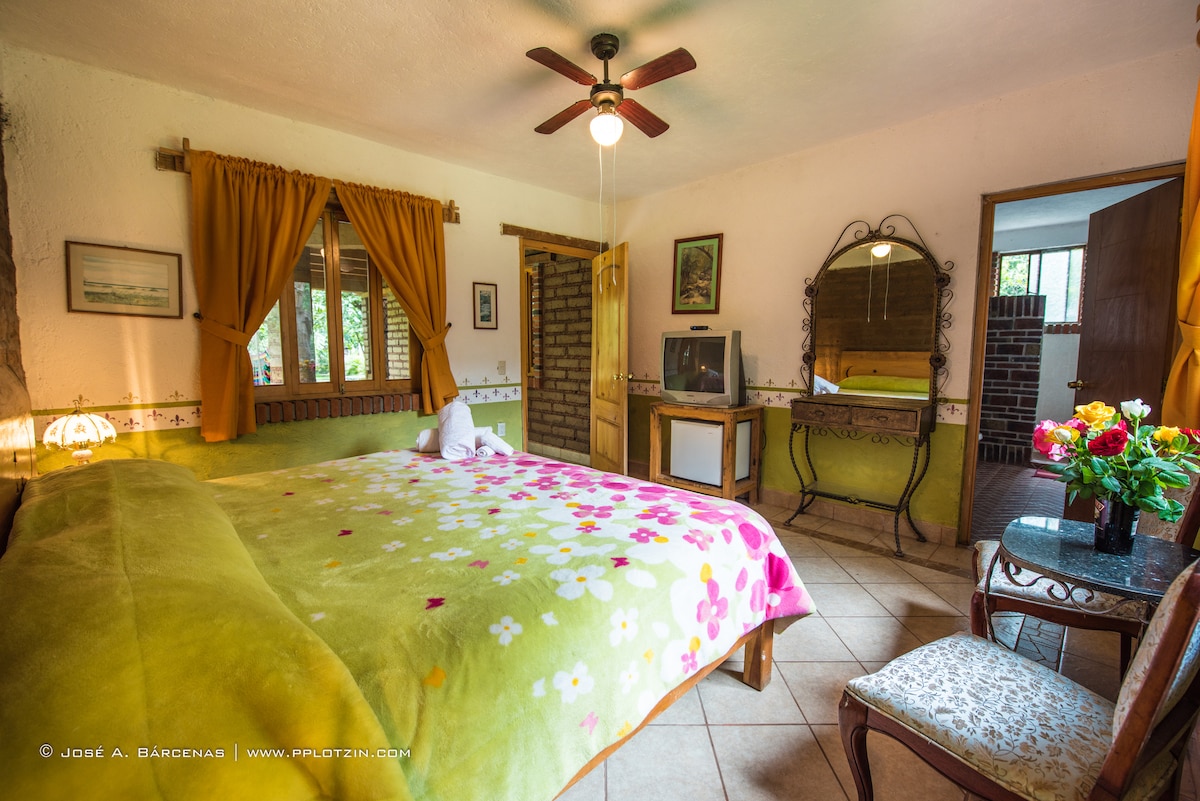 A spacious room features a large bed covered with a colorful floral blanket. A small table with flowers and a mirror is visible. Windows with light-colored curtains allow natural light, while a ceiling fan provides ventilation. A television and refrigerator are also present.