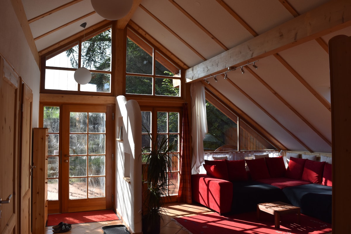 A bright living area is featured with large glass doors leading to the outdoors. Wooden beams accent the sloped ceiling, and a cozy red sofa invites relaxation. Natural light fills the space, complementing the greenery visible through the windows.