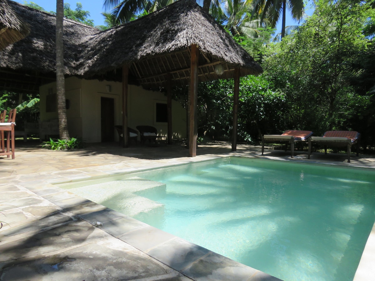 A refreshing swimming pool is surrounded by a paved patio, offering shade from the sun provided by thatched roofs. Poolside sun loungers and a dining area are visible, along with lush greenery framing the serene environment.