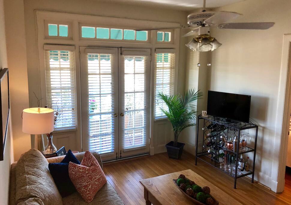 Living room with stocked bar cart