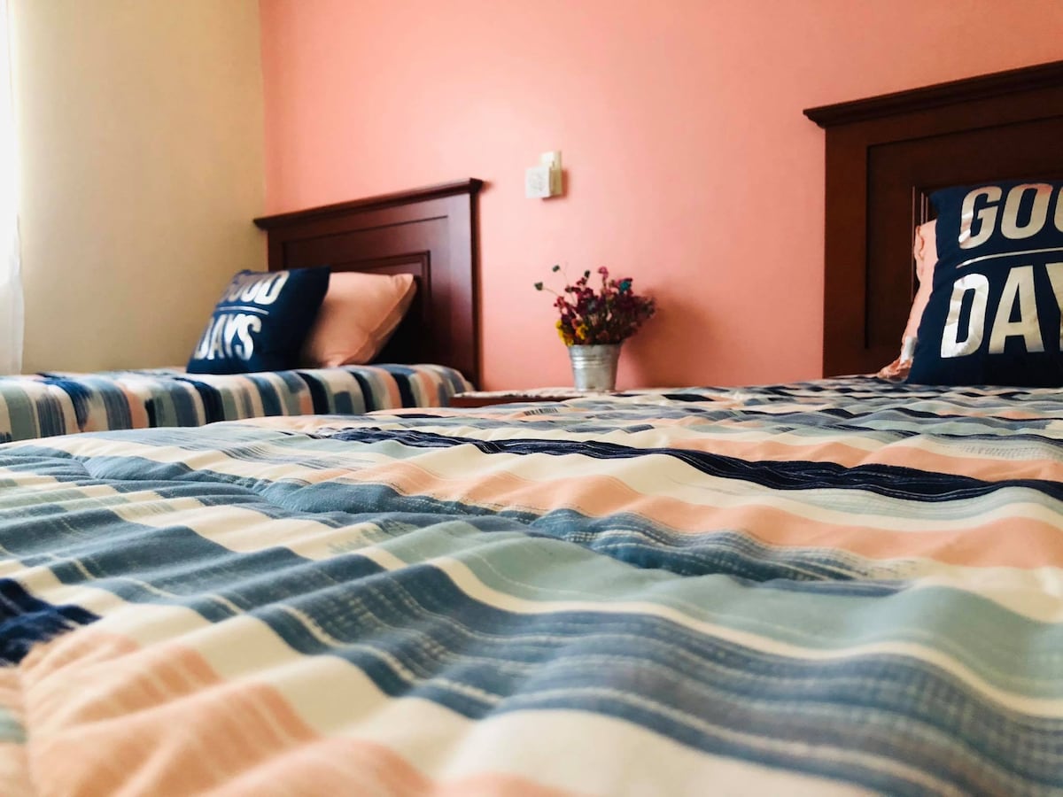 A room features two individual beds with coordinated striped bedding. Decorative pillows with a motivational phrase rest on each bed. A small vase of flowers adds a touch of color against the gentle pink wall, creating a fresh and inviting sleeping environment.