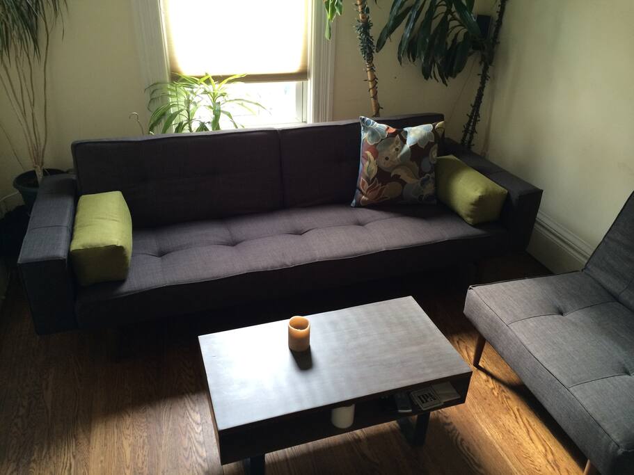 Recently redecorated living room with sleeper couch.