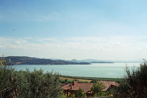 A scenic view of the tranquil Lago Trasimeno is displayed, with clear blue waters surrounded by rolling hills and lush greenery. The distant shoreline is lined with a few quaint structures and vibrant fields, under a bright sky with soft clouds.